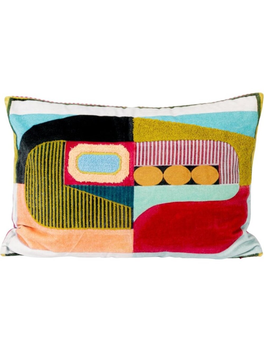 Abstract Design Cotton Velvet Pillow with Embroidery & Tufting, Multicolor Home